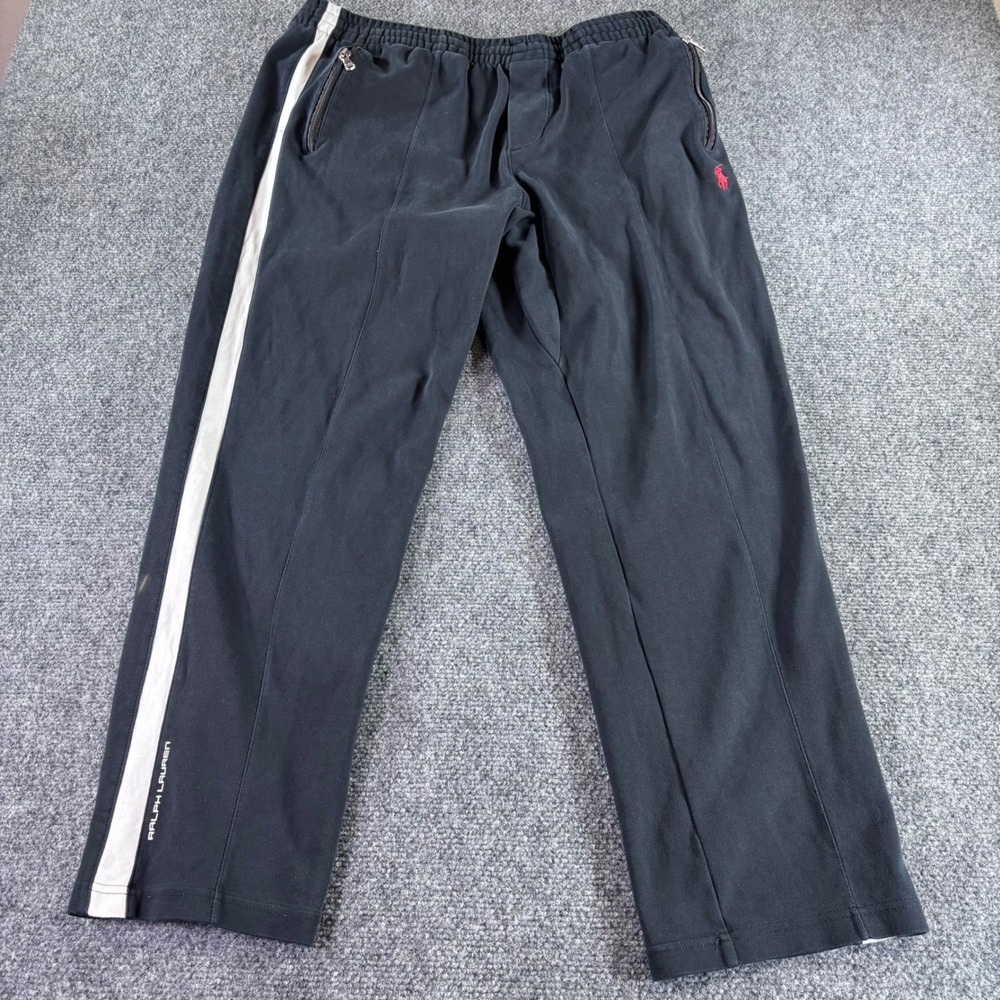Polo Ralph Lauren Track Pants Mens XL Black White Side Stripe Red Pony Joggers